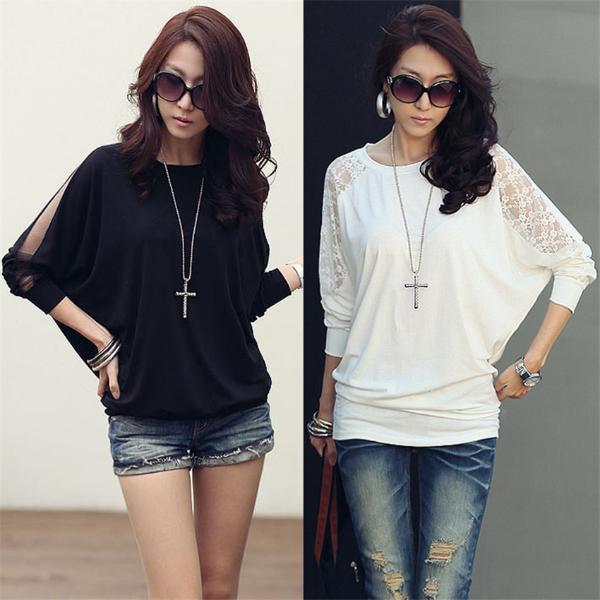 New Fashion Women's Batwing Top Dolman Lace Loose Long Sleeve T-Shirt women Blouse with lace top Black White