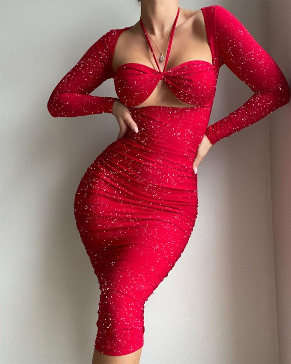 Long Sleeve Cutout Glitter Bodycon Dress