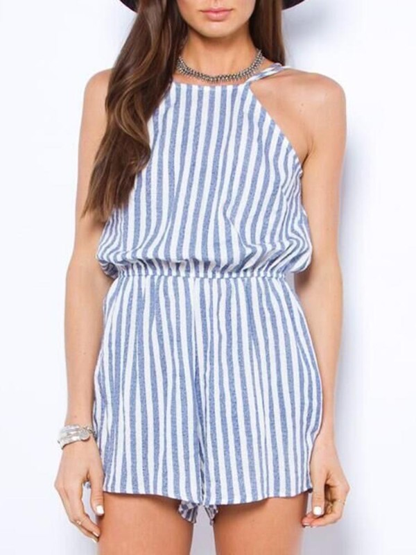 Kvinder Off-the-Shouler Sexet Slim Ærmeløs stribet Casual Jumpsuits korte bukser Grime Romper Clubwear