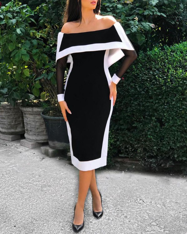 Vestido de fiesta con mangas de malla y bloques de color con hombros descubiertos