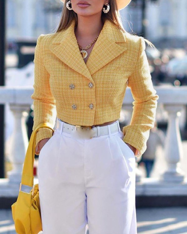 Langærmet dobbeltærmet tweedblazerfrakke