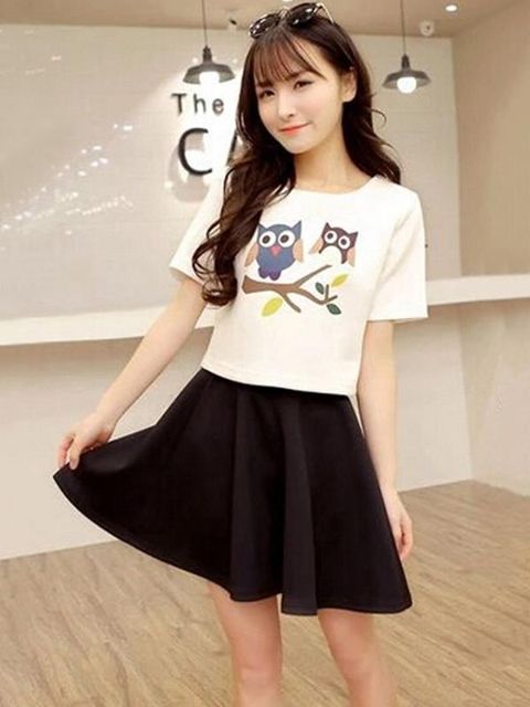 Fashion Casual Suit Sets 2 Pieces Cotton White Owl Printed Short Sleeve Shirt+Black Skirt