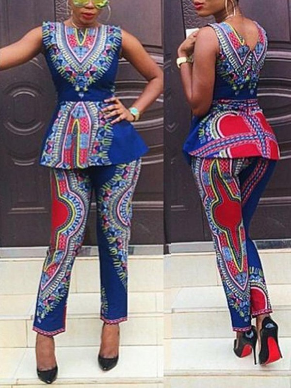 Sexy Costume De Mode Style Totem Imprimer 2PCS Ensembles Crop Tops + Pantalon Long Taille Haute Costumes Décontractés