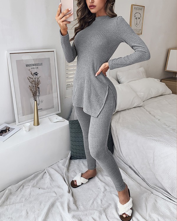 Grey High Neck Knitted Loungewear Set | SilkFred US