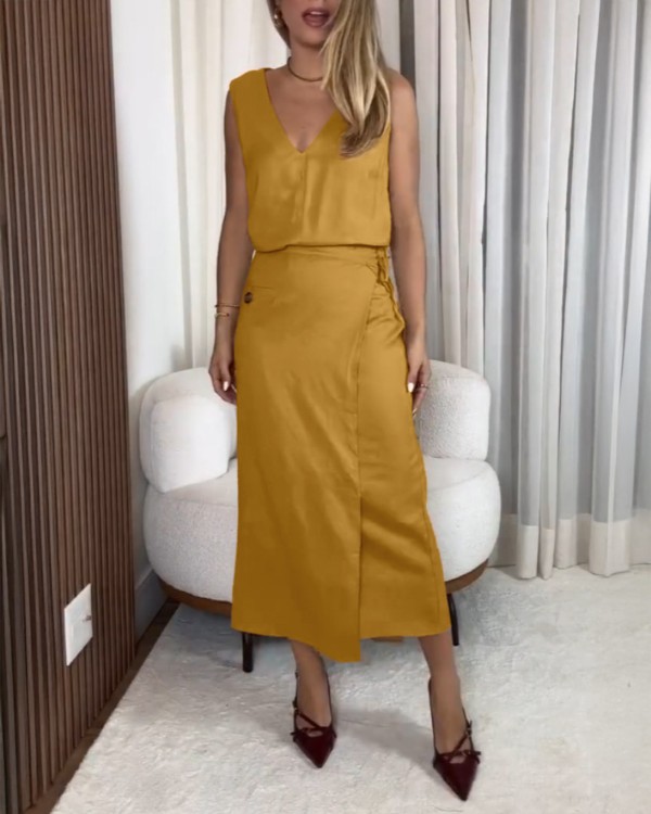 Solid Button Decor V-Neck Sleeveless Hollow-out Back Maxi Dress Casual Wrap Lace-Up Work Dress