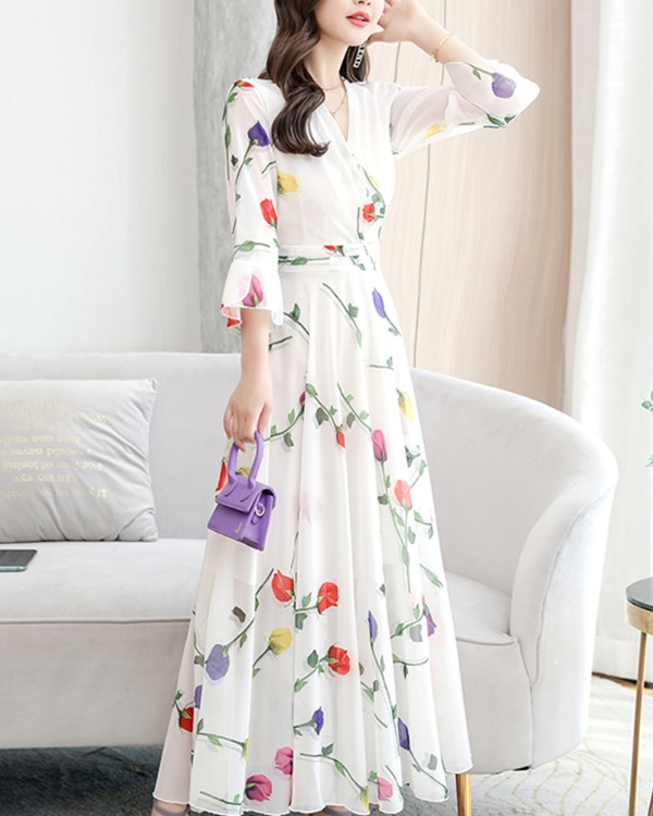 Off Shoulder Floral Print Ruched Crop Top & Belted Skirt Sets