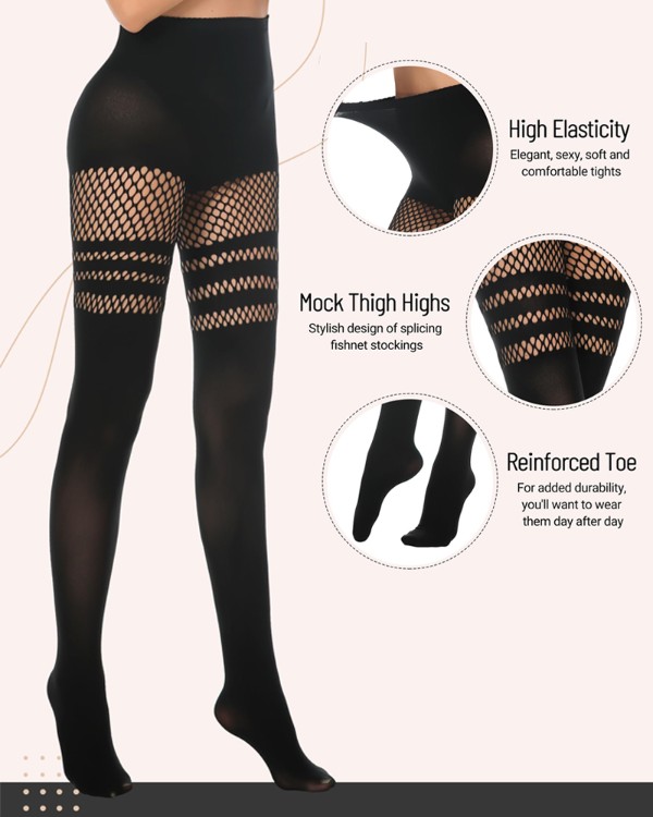 Goth Striped Fishnet Stockings Over The Knee Faux Thigh High Tights Suspender Opaque Pantyhose