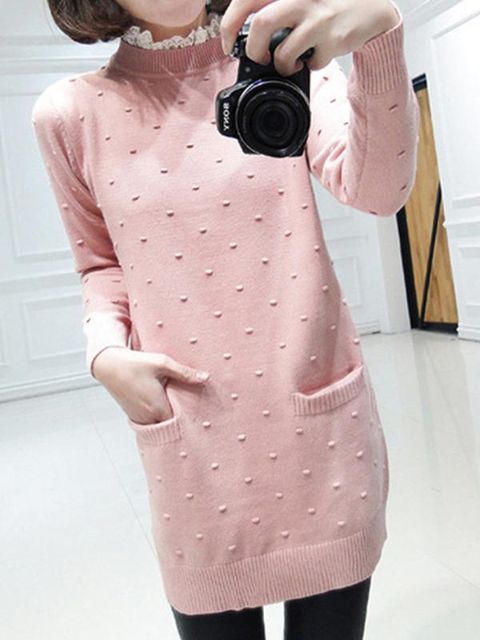 Herbst Winter Mode Süße Oversize Lace Pocket Langarm Warm Knit Pullover Kleid Tops