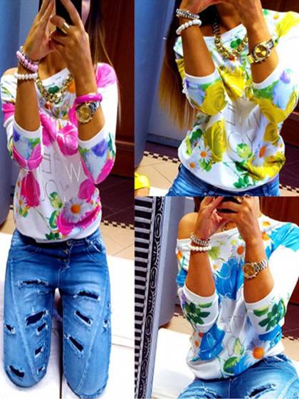 Sweatshirt 2015 Damemode Blomstretryk Hættetrøjer Sweatshirt Langærmet T-shirt Casual toppe