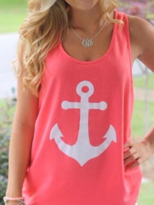 Women Candy Color Anchor Graphic Back Bow Sleeveless Vest T-shirt