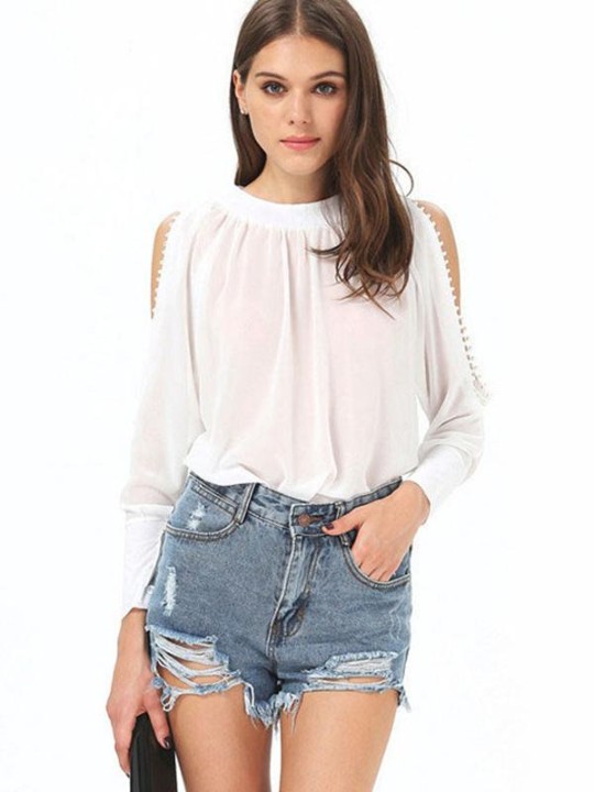 Sexy blusa de gasa de manga larga blanca ahuecada