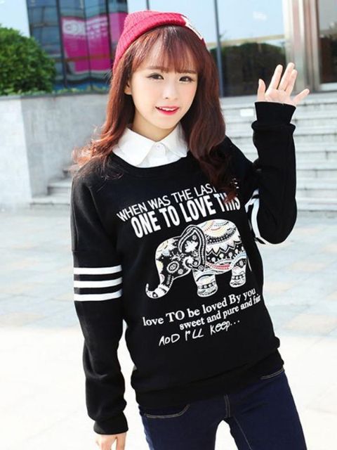 Moda Outono Mulheres Elefante Carta Imprimir Mangas Compridas Camisola Moda Casual Estilo Preppy Solto Hoodies