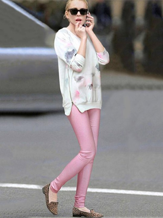 Kvindemode Afslappet stil Dragtsæt 2 stykker Dobbeltsidet lynlås Blomstret print sweaterbluse + Pink Leggings