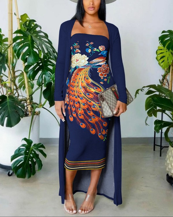 Robe moulante tube à imprimé floral paon avec manteau long