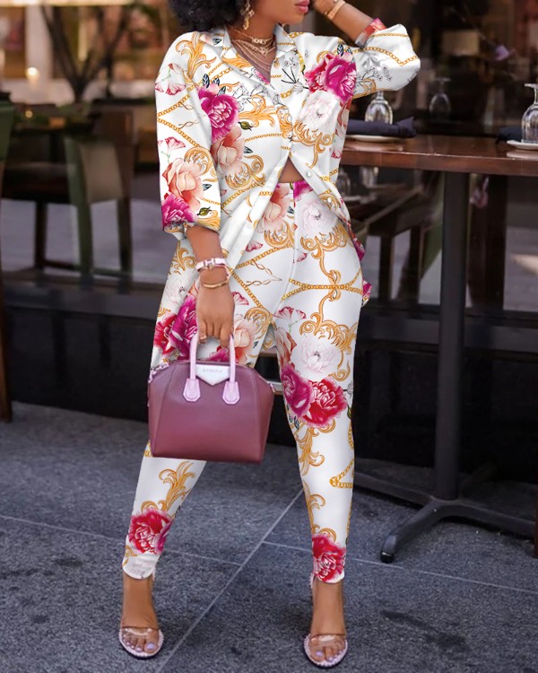 Floral Print Lantern Sleeve Top & High Waist Pants Set