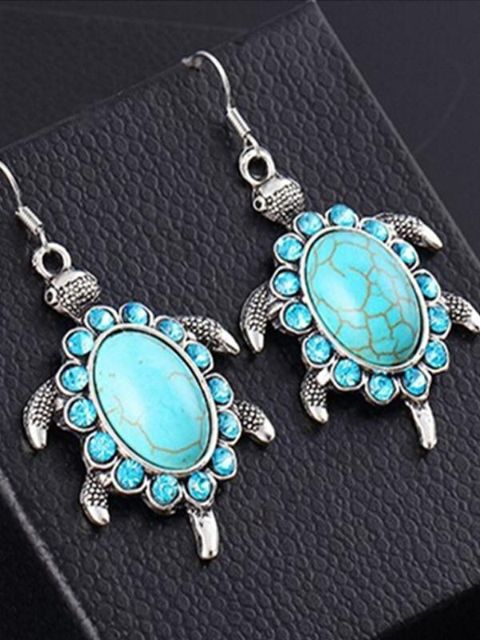 Fashion Luxury Plating Silver Vintage Animals Turtle Brilliant Crystal Turquoise Drop Earrings Jewelry for Women