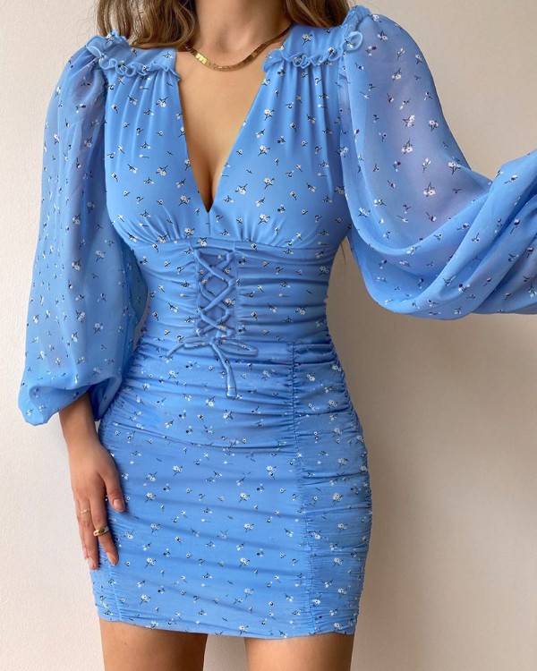 Daisy Floral Print Frill Hem Shirring Detail Drawstring Ruched Lantern Sleeve Bodycon Dress