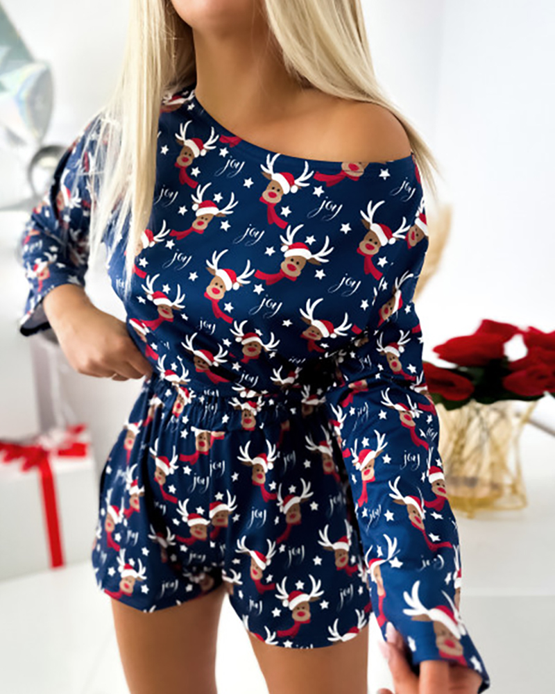 2 Pieces Lounge Set Cozy Christmas Pattern Cold Shoulder Long Sleeve Top and Casual Shorts Pajamas Set