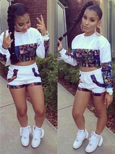 Damenmode 2 Stück Schlank Print Long Sleeve Tops + kurze Hosen Casual Sport Anzüge