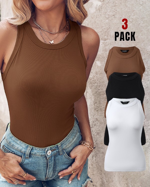 3-Pack Knit Round Neck Thick Strap Racerback Tank Tops(Without Pads)