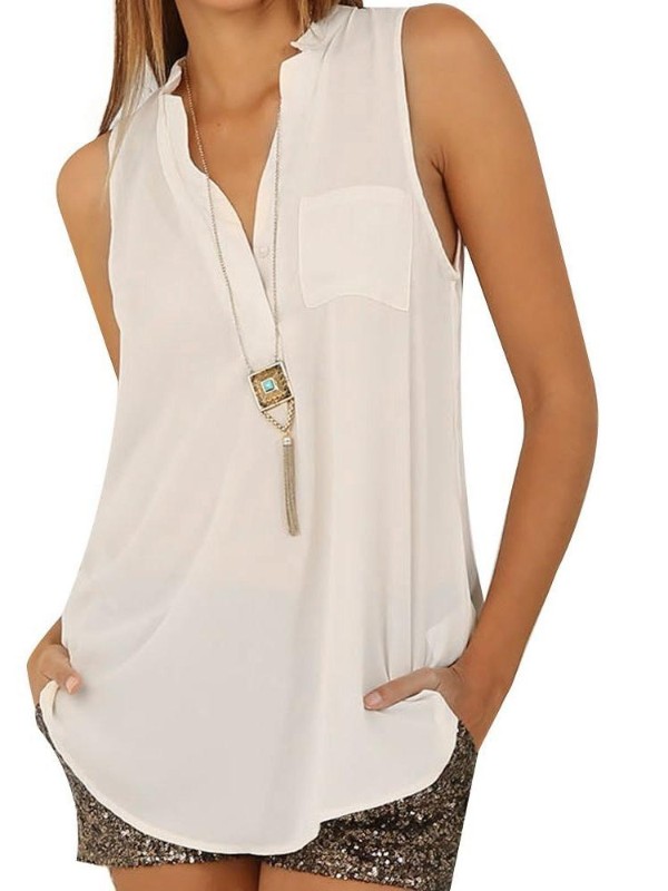 Kynþokkafullur tíska, solid litur, V-háls, stutt ermi Óreglulegur laus Chiffon bolur toppblússa