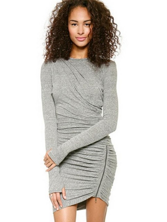 Sexy Slim Fit gris col rond plis fermeture éclair latérale au-dessus du genou à manches longues robe cache-cœur