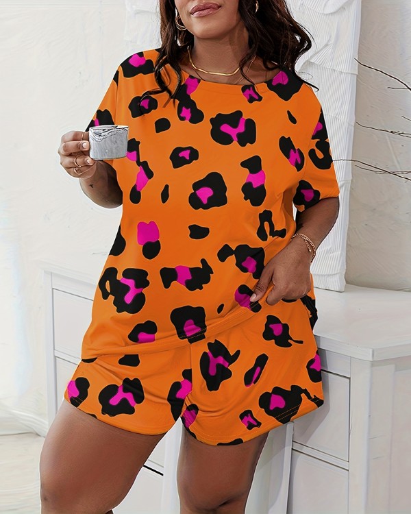 Plus Size Pink Leopard Print Pajamas Set