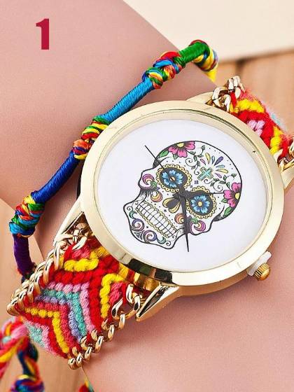 Nýtt kvennaherraklukka Skullmynstur Vefið reipband armband kvarsskífa úr