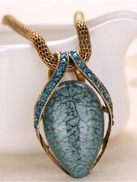 Women's New Water Drop Shape  Dark Green Chain  Retro Bohemian National Wind Pendant Necklace