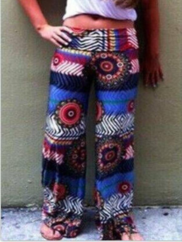 Femmes Tribal Aztec Imprimé Pantalon Décontracté Jambe Large Pli Sur Taille Haute Pantalon Palazzo