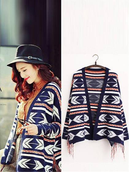 Kvinnors höstmode över storlek Geometriska mönster Varma långärmade genombrutna tröjor