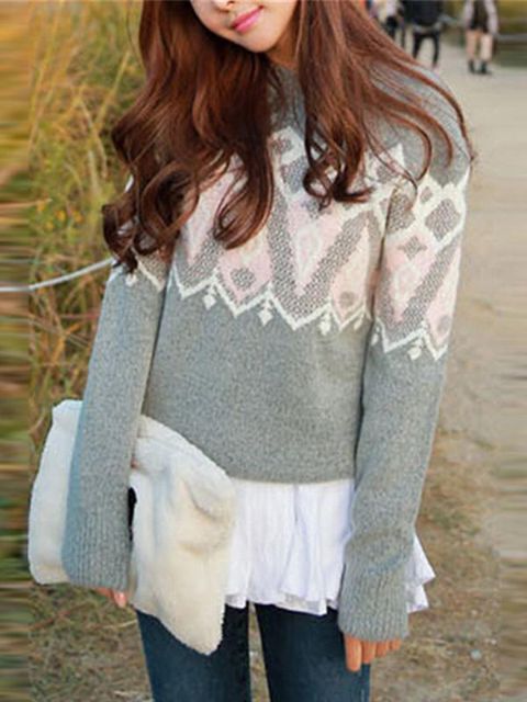 Estilo coreano das Mulheres Outono Inverno Espessura Geometria Impressão Camisola De Malha O-pescoço Longsleeve Camisola Pollover Outwear