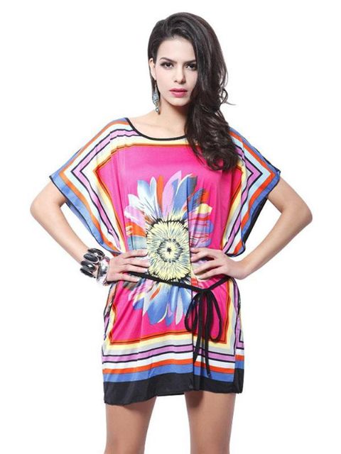 Moda de mujer de gran tamaño más manga larga con estampado floral Batwing Boho Hippie Summer Túnica Dress