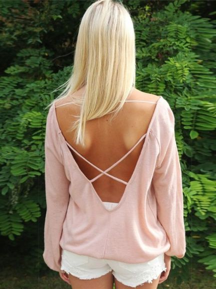 Women's Sexy Deep V Back Plus Size Tee Shirts Fashion Long Sleeve Tops Crop Top