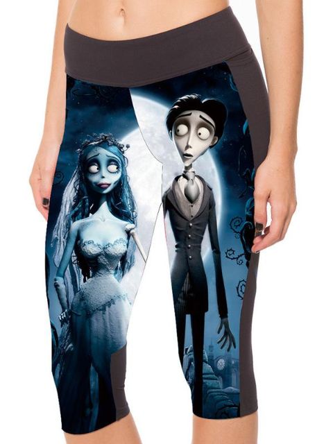 Nye Polyesterfibre Elastisk Digital Print Corpse Bride Høj Talje Løft Hofterne 3/4 Leggings Til Yoga Træning Fitness Træning