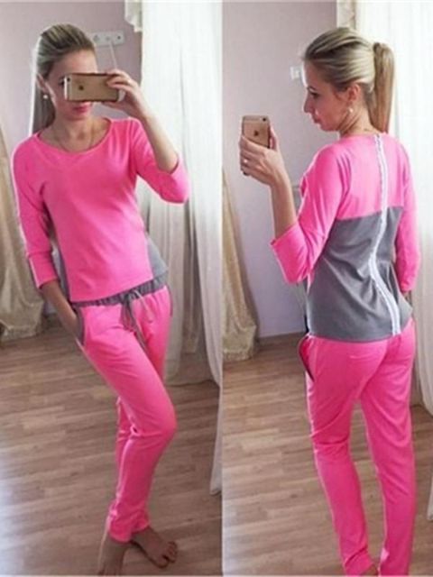 Terno de esportes das mulheres T-shirt de manga longa de algodão Tops solta Pants