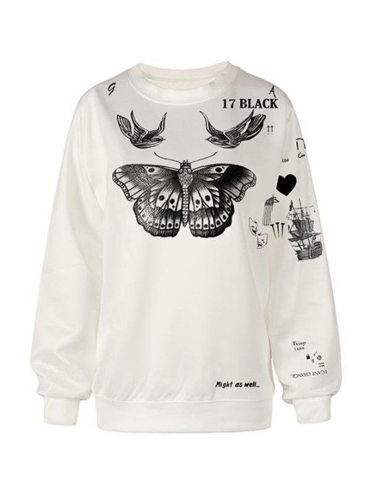 Kjóll sætur stafrænn prentur fiðrildi perluperupeysur peysa peysa fyrir íþróttafatnað kvenna