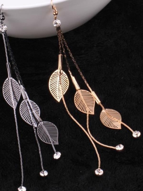 Nya Elegant Crystal Leaves Tassel Ear Earrings