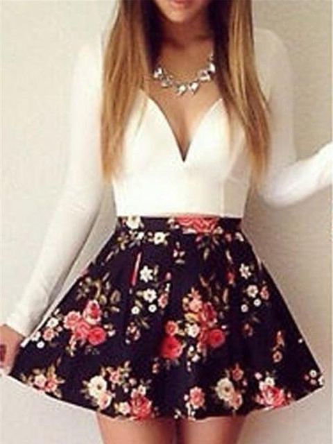 Kvinnor Sexig V-ringad långärmad bandage mini Floral Print Kjol Casual Fest Aftonklänning Bandage Klänningar