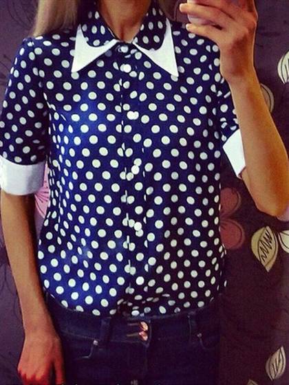 201509hátíð Skrifstofa Lady Half Ermi Dot blússa Slim búnar frjálslegur Chiffon boli