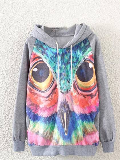 Caída nueva moda lindo búho de impresión de manga larga deportes Casual cálido más grueso paño grueso y suave con capucha suéter de la capa Tops
