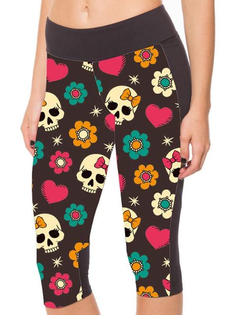 New Polyester Fibers Elastic Digital Print Colorful Bowknot Skull Lift The Hips 3/4 Leggings For Yoga Workout Fitness Exercise