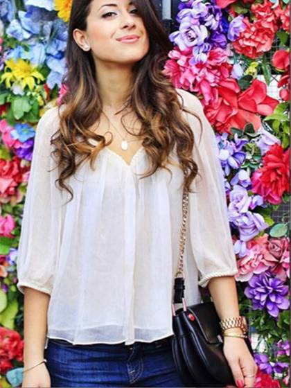 Dame 2015 efterårsmode Casual top Sexet langærmet bluse Chiffon toppe