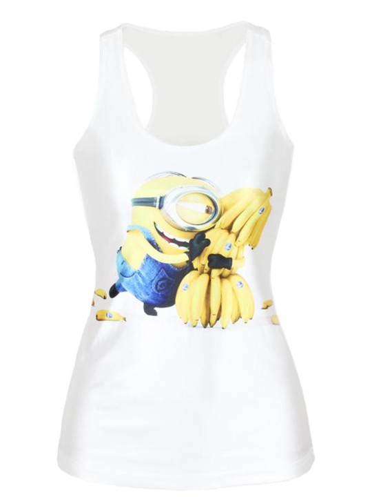 Verão das mulheres Moda 3D Digital Adorável Branco Puro Dos Desenhos Animados Minions Impressão Sem Mangas Fino Moda Vest Tanques T-shirt