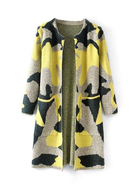 Naisten syksyn uusi muoti Camo-tasku rento löysä lämmin pitkähihainen villapaita-neuletakki