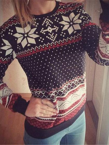 Konur Snowflake Print Fleece bolir frjálslegur Sweatshirt Pullovers