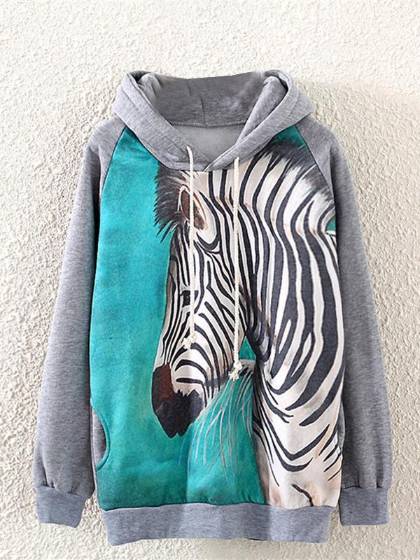 Women's Autumn New Fashion Cute Casual Zebra Printing Long Sleeve Loose Thick Fleece Hooded Sweater Pullover Coat Tops