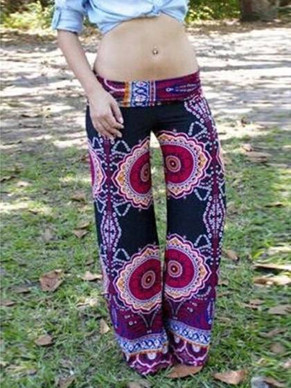 Las mujeres tribales aztecas impresas pantalones casuales pierna ancha doblar sobre cintura alta Palazzo pantalones pantalones