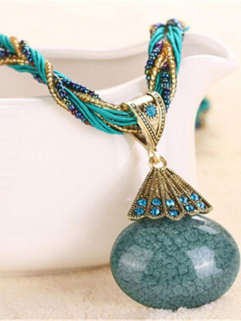 Cadeia De Pedra De Cristal Redonda Verde das mulheres Boêmio Nacional Vento Pingente de Colar