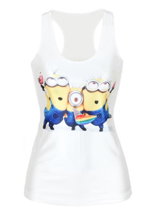 Naisten kesämuoti 3D-digitaalinen yksinkertainen puhdas valkoinen sarjakuva-kätyritulostin Hihaton ohut muoti-liivitankit